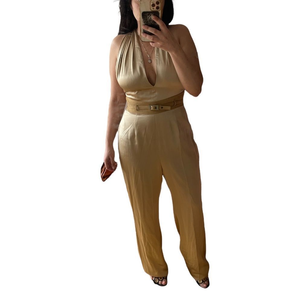 Tamara Mellon silk jumpsuit NWT size 8, cream / light brown, fitted - Picture 2 of 9
